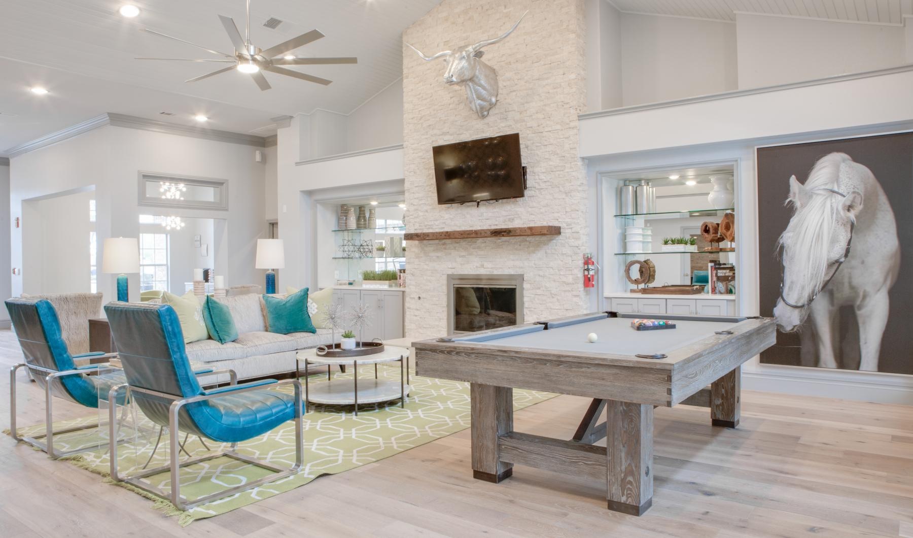 a living room with a statue